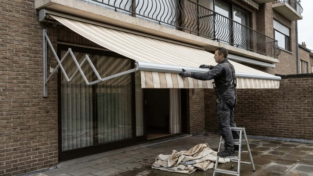 Een zonweringstechniker in donkere werkkleding staat op een kleine trapladder en schuift met beide handen een nieuw crèmekleurig gestreept doek in de voorlijst van een volledig uitgerold knikarmscherm aan een Belgisch appartementsgebouw met bakstenen gevel en smeedijzeren balkonleuning, terwijl het oude doek opgehoopt op het natte terras ligt.