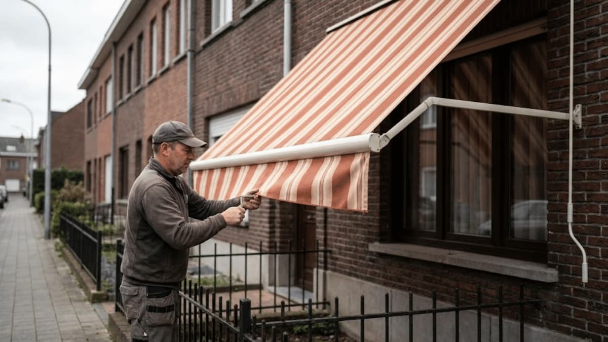 Een vakman met pet inspecteert de voorlijst van een uitgerold uitvalscherm met oranje-wit gestreept doek aan de donkere bakstenen gevel van een Belgische rijwoning in een typische Vlaamse straat op een bewolkte dag.