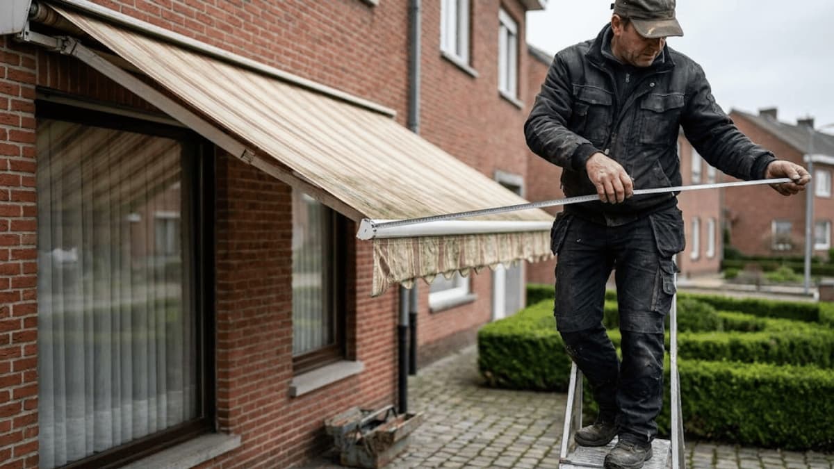 Een zonweringspecialist in donkere werkkleding staat op een kleine trapladder en meet met een vouwmeter de breedte van een uitgerold knikarmscherm met vervaagd gestreept doek, tegen de rode bakstenen gevel van een Vlaamse rijwoning op een bewolkte dag.