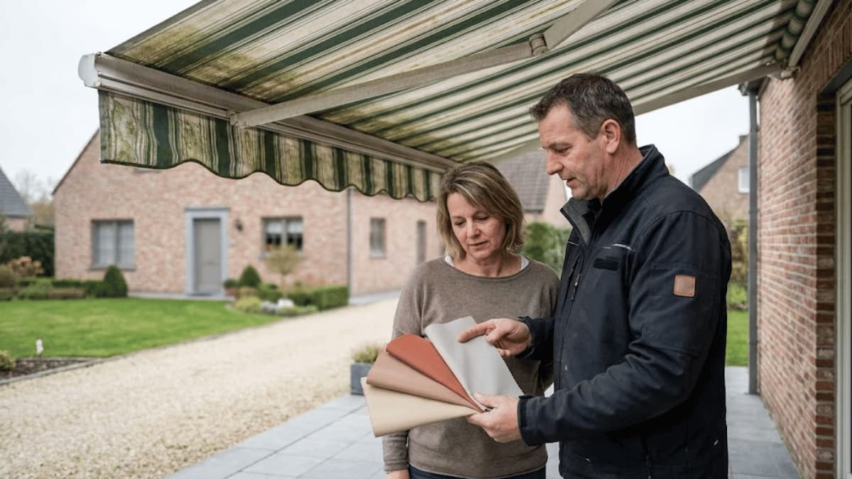 Een zonweringspecialist in donkere werkjas toont een waaier van losse stofstalen in aarde- en crèmetinten aan een vrouwelijke huiseigenaar onder een uitgerold knikarmscherm met vervaagd groen-wit gestreept doek, op het terras van een Vlaamse bakstenen woning op een bewolkte dag.