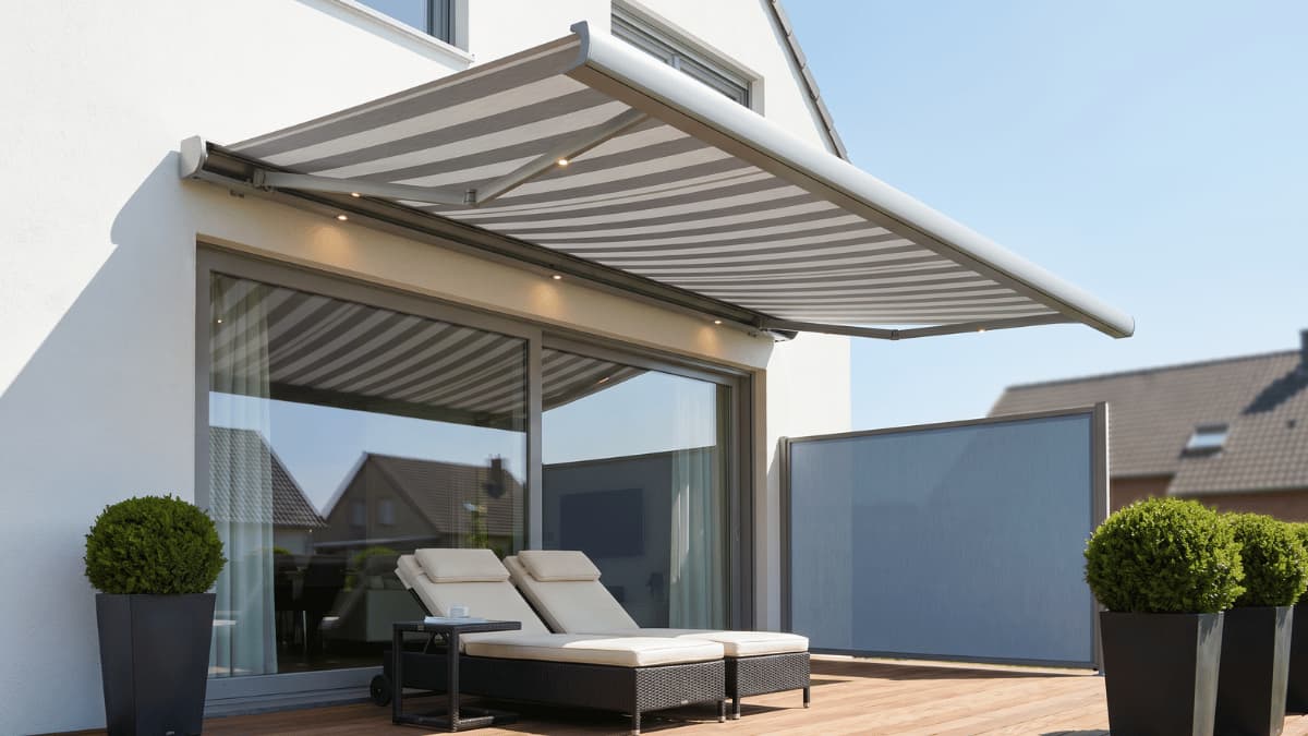 Uitgerold cassette knikarmscherm met grijs-wit gestreept doek boven een houten terras waar twee donkere rotan ligstoelen met crèmekleurige kussens staan, met links een grijsblauw uittrekbaar zijscherm en buxusbollen in donkere plantenbakken tegen een witte gevel met grote schuifpuien op een zonnige dag.