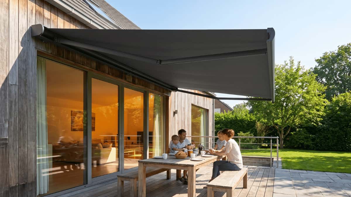 Een donkergrijs knikarmscherm overschaduwt een houten terras waar een gezin met een kind aan een houten tafel met banken zit tegen een moderne woning met houten gevelbekleding en glazen schuifdeuren terwijl een groene tuin met bomen de achtergrond vormt.