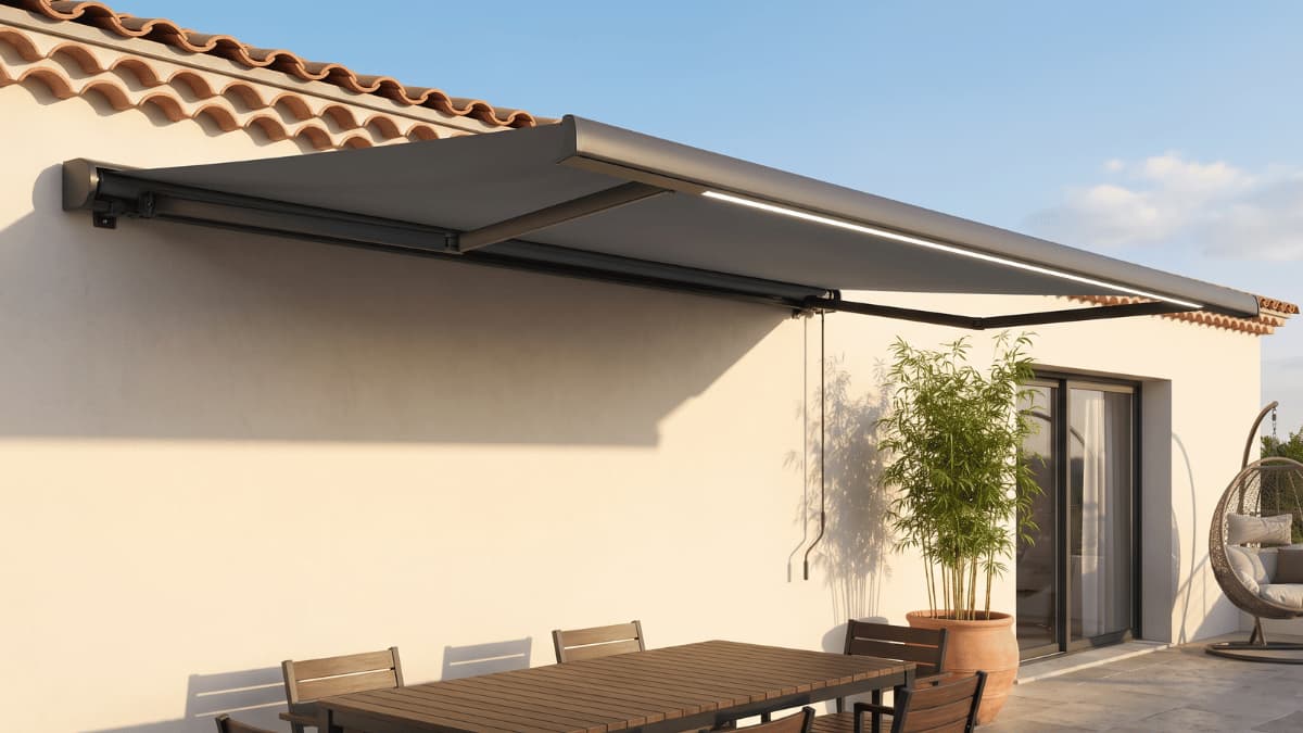 Een volledig uitgerold antracietgrijs knikarmscherm met een geïntegreerde ledstrip langs de voorste balk beschaduwt een terras met een houten eettafel en stoelen tegen een crèmekleurige gepleisterde gevel onder terracotta dakpannen.