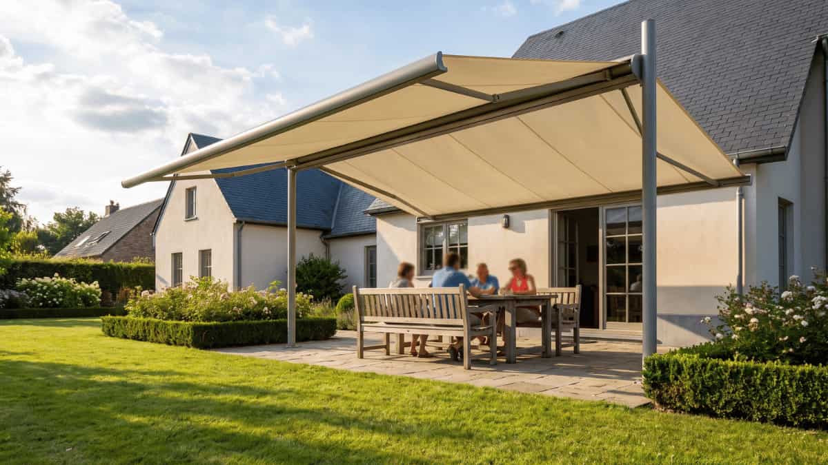 Vier personen zitten aan een massieve houten tuintafel onder een vrijstaand zonnescherm met cremekleurig doek gespannen tussen twee slanke ronde metalen palen dat een terras van natuurstenen tegels overspant naast een ruime gepleisterde woning met donkere leien daken in een groene tuin met lage buxushagen en bloeiende struiken in warm avondlicht.