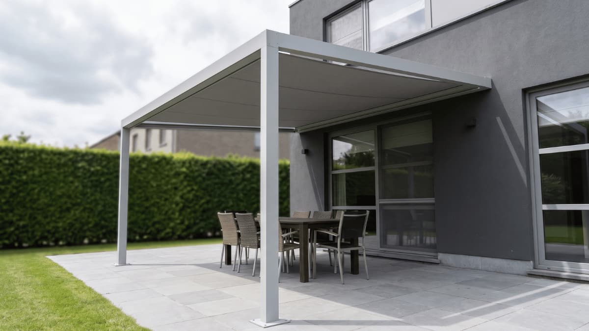 Een vrijstaand zonnescherm met een strak lichtgrijs aluminium frame en een taupe doek overspant een terras van grijze natuurstenen tegels naast een moderne woning met een donkergrijze gepleisterde gevel waar een tuintafel met rieten stoelen onder staat opgesteld tegen een achtergrond van een strak geschoren groene haag en een bewolkte lucht.