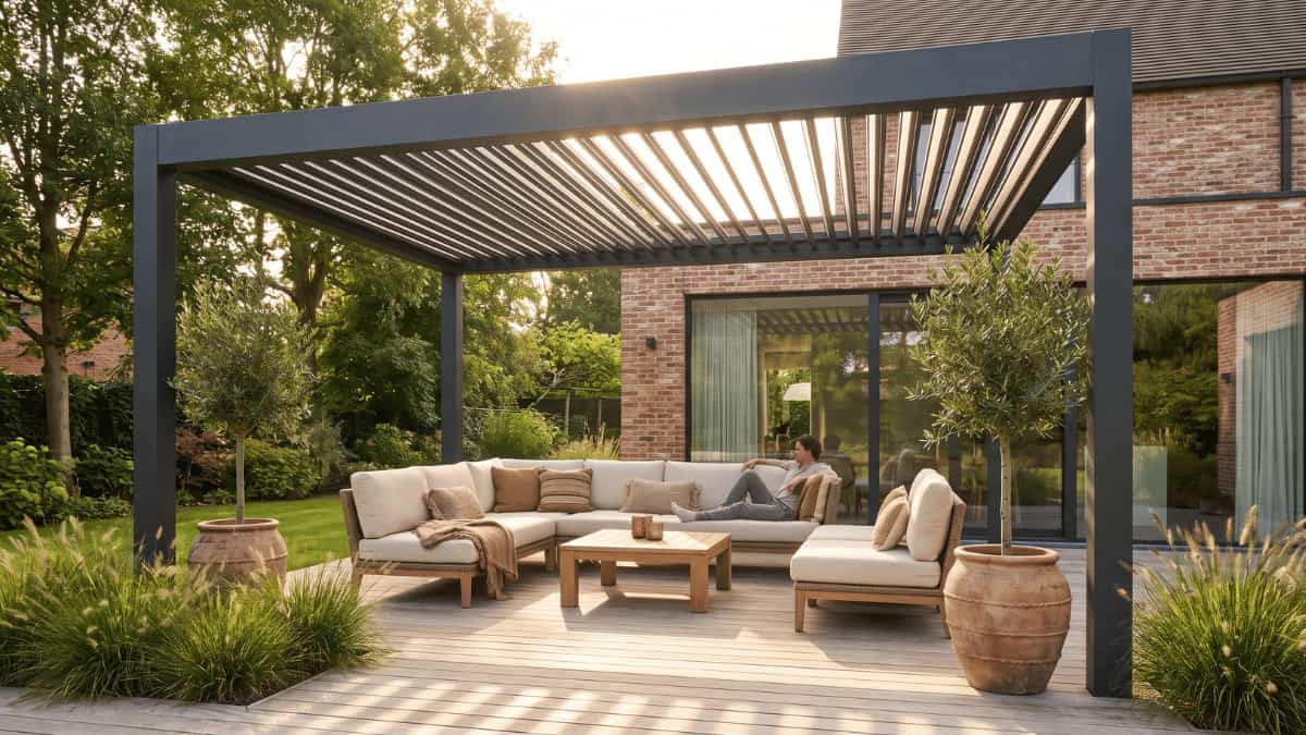 Een vrouw leunt ontspannen achterover op een ruime crèmekleurige loungebank onder een vrijstaande lamellenpergola met een antraciet aluminium frame op een licht houten terras voor een bakstenen woning met grote glazen schuifdeuren terwijl warm avondlicht door de halfopen lamellen valt en streepvormige schaduwen werpt over de kussens en de lage houten salontafel tussen twee grote terracotta potten met olijfboompjes en weelderige siergrassen rondom.